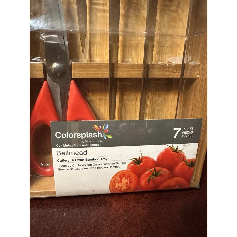 NEW 7 PIECE Cutlery Set With Wodden Tray Colorsplash Bellmead Kitchen Knives